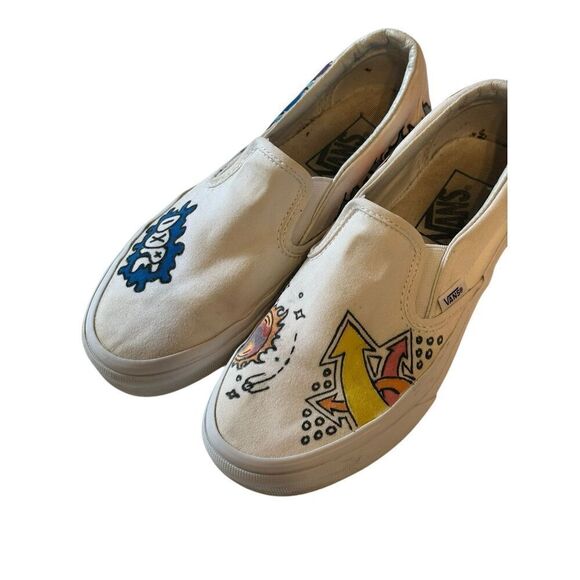 Vans Classic Youth Off White Custom Graffiti Art Slip-On Sneakers Size 1 - Picture 1 of 10